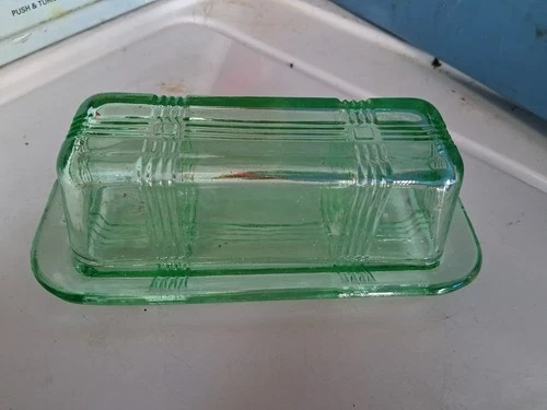 Hazel Atlas Green 1/4 Lb Butter Dish Holder Criss Cross Vintage Depression Glass