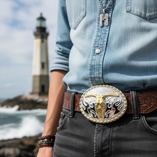 Men Belt Buckle Silver Metal Oval Western Cowboy Gold Bull Skull Long Horn Fire