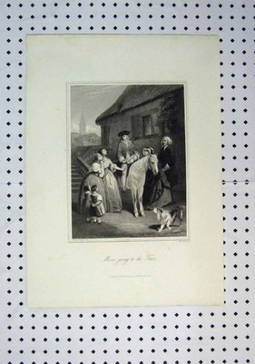 Original alter antiker Druck um 1864 Moses Kirmes Pferd Hund Frauen Kinder Stufen 19.