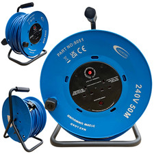Cable Reel 50m 240V 2.5mm Extension Cable 2 Way 13 Amp Sockets and Plugs