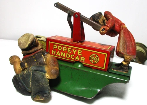 VINTAGE LOUIS MARX CO 1935 WIND UP POPEYE HANDCAR, MARX TRAIN STYLE TOY