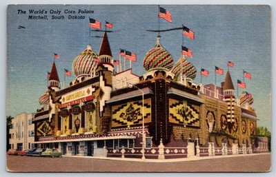 Mitchell South Dakota~Worlds Only Corn Palace Street View~PM 1956~Linen Postcard