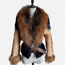 Women's Thick wool-fur coat with a silver-fox fur collar, padded lining and asym