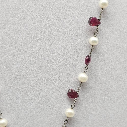Pearl Garnet Sterling Silver Necklace With Teardrop Pendant Vintage - Picture 3 of 7