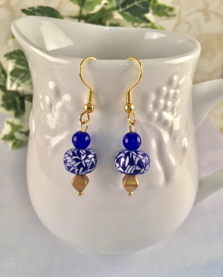 Nuevos Pendientes Redondos Oro Azul Real Blanco Trabajo Diario Joyería Informal Hechos a Mano Foto 3 de 4