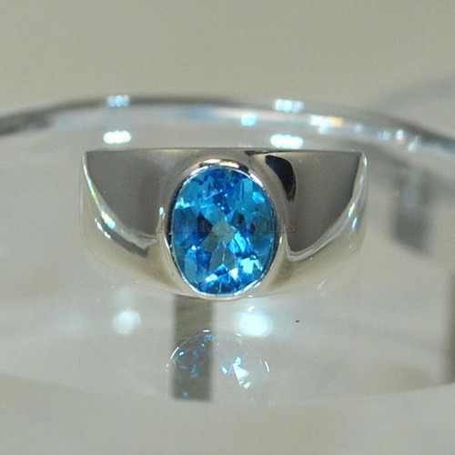 Natural Blue Topaz Gemstone With 14K White Gold Plated Silver Ring for Men's #54 - Picture 5 of 13