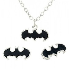 DC Comics Batman Black and Silver Bat Logo Necklace and Earring Set NEW UNUSED