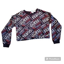 Guess Crop Top Sweatshirt Womens L Black Red Fleece Lined Drawstring Logo