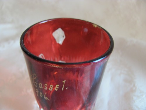 Antique 1906 Red Flashed Glass Handled Shot Glass Etched Norma Hassel Fancy - Picture 5 of 6