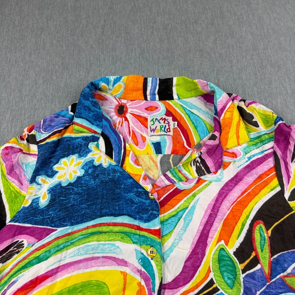 Camisa Jams World feminina 2XL XXL colorida abstrata Deja Vu floral havaiana anos 90 - Imagem 2 de 4