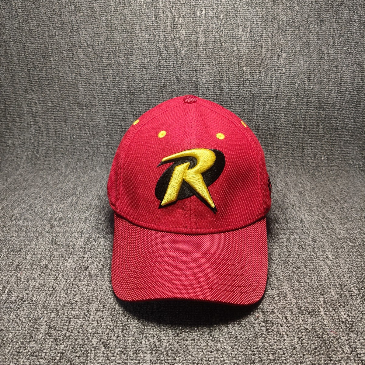 New Era Robin R Logo Red Cap Yellow Eyelets Embroidered Back Logo