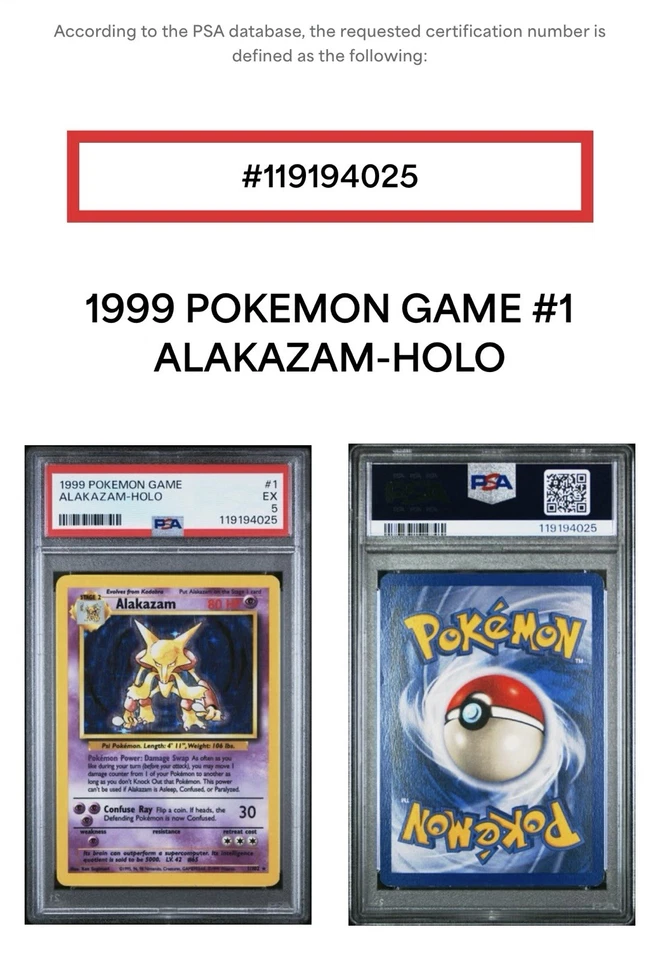 Alakazam Holo #1/102 PSA 5 - 999 Pokemon Game Base Set Unlimited, Free  Shipping - Image 3 of 3