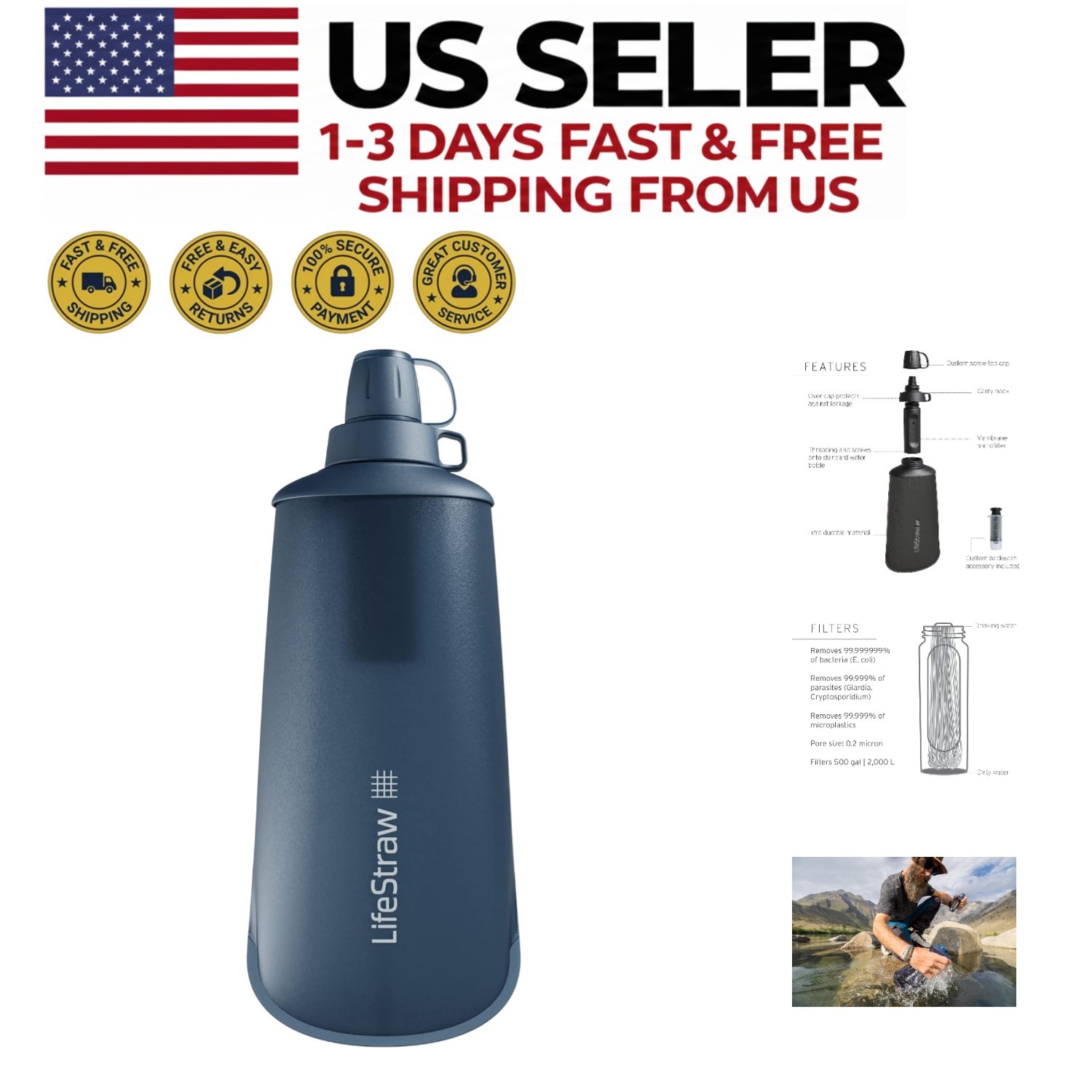Collapsible 1L Squeeze Water Filter Bottle LifeStraw Peak Se
