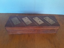 Double Six Wood Dominoes Set w Brass Inlays in Wooden Case - Vintage