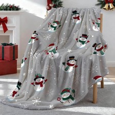 Merry Christmas Snowman Throw Blanket 50x59 Inch Grey Soft Washable Bed Decor