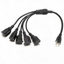 3 Prong 5 Outlet Power Cord Splitter Black 5 Way Extension Cord Cable Wire