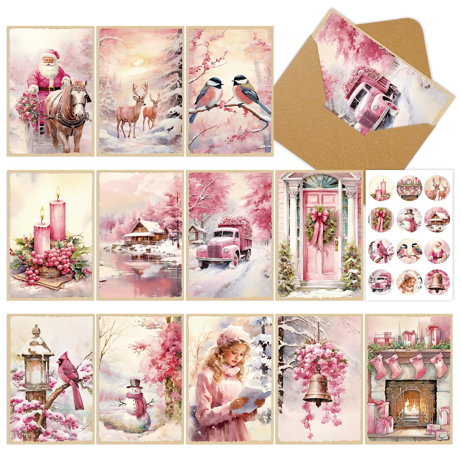36 Packs Christmas Vintage Greeting Cards Pink Retro Santa Reindeer Snowman
