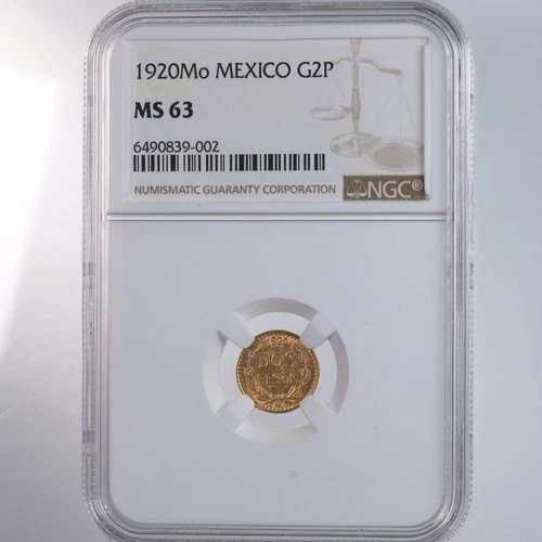 1920Mo Mexico G2P NGC Certified MS 63 Gold Dos Pesos
