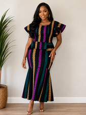 Ankara African Print Peplum Top  Trumpet Maxi Skirt Black Women's Size 16 NWT