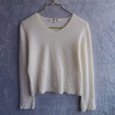 SUZUYA Fuzzy Ivory Sweater Size S Lambswool Angora Beading Sequins Scallop