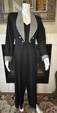 Vintage Black Striped Shawl Collar Wide Leg Palazzo Tie Back Tuxedo Jumpsuit