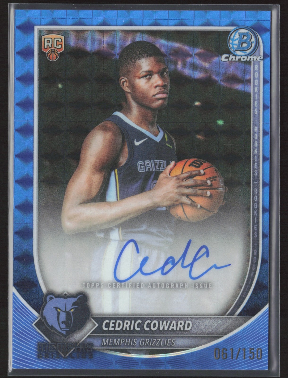 2025-26 BOWMAN CEDRIC COWARD CHROME AUTO BLUE GEOMETRIC REFRACTOR 61/150 RC