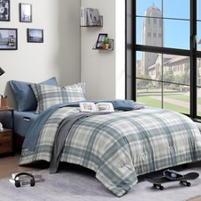 Twin XL Comforter Set, Blue Grey Plaid Bedding Set 5 Piece for Boys Girls Tee...