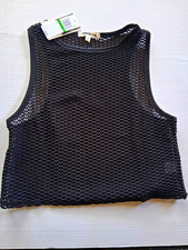 Miken Women's Swim Cover-Up Top Black Solid Crochet Mesh Sleeveless Size L