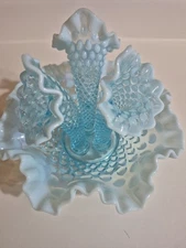 Fenton Art Glass blue opalescent hobnail three-horn epergne.
