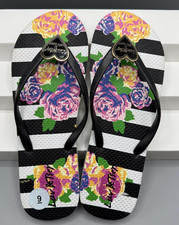 Luv Betsey Johnson Ariah Floral Stripe Flip Flop Sandals Heart Logo Womens Sz 9