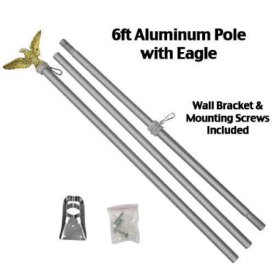 6 Ft FLAG POLE w Gold Eagle Top Wall Mount Bracket - Silver Aluminum 