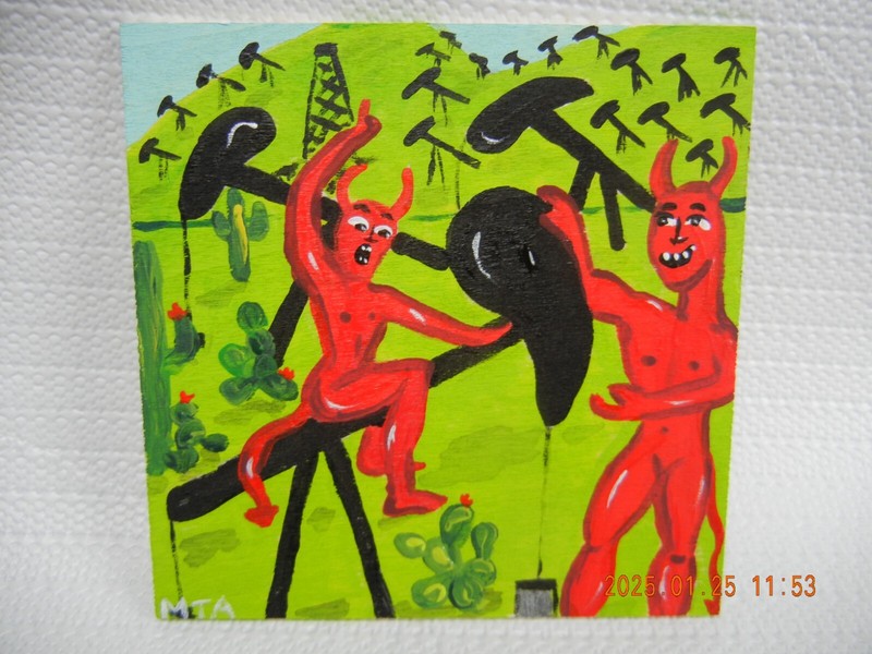 Original Devils playground acrylic on wood 4 x 4 inch painting Oil Derricks