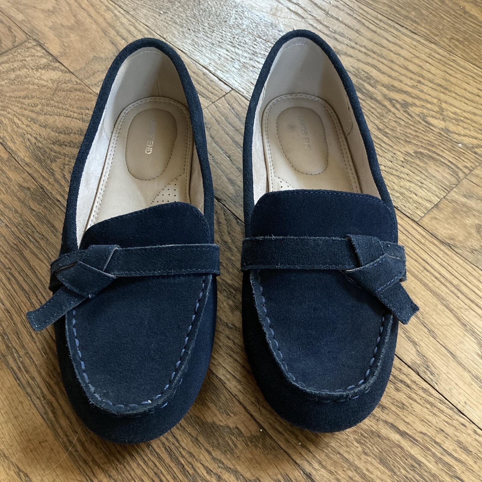 Women’s Lands End Loafer Navy Blue Suede Moccasin SIZE 7W Wide Flat