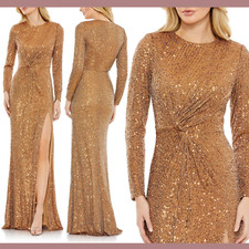 NWT 458 IEENA Mac Duggal 4 Sequined Front Knot Gown in Antique Gold G1290