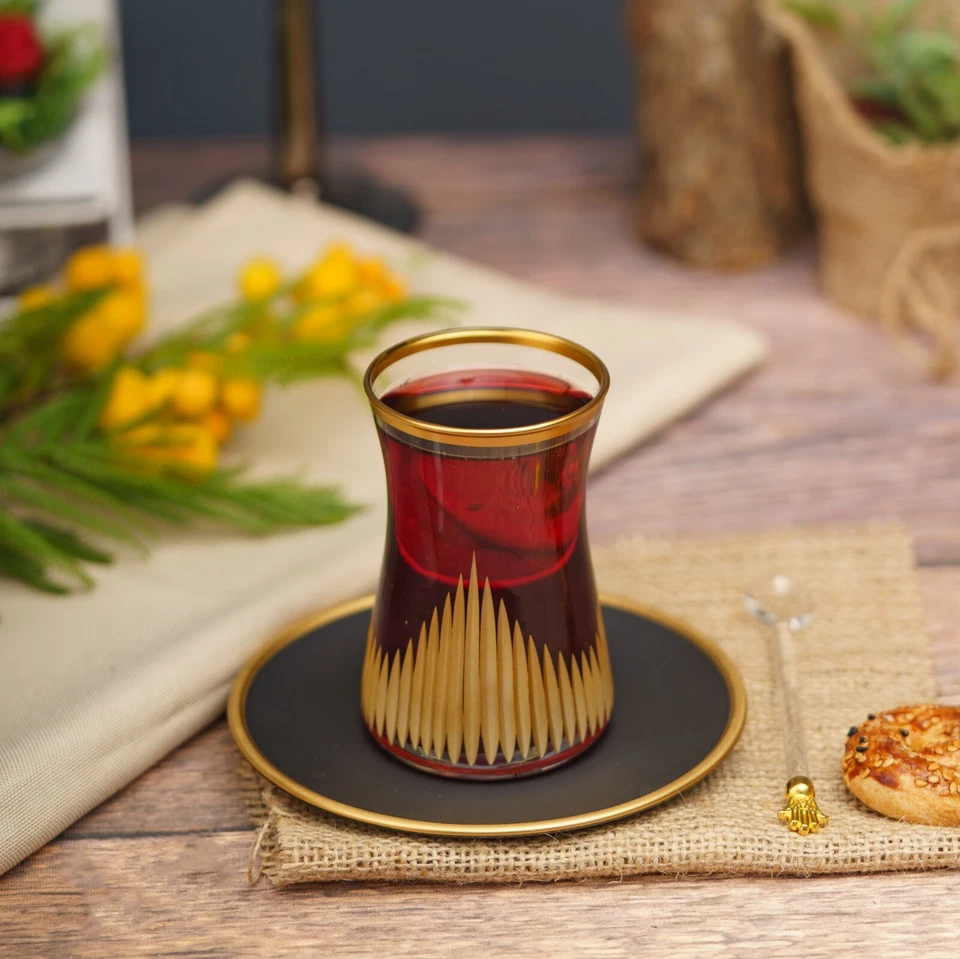 Juego de té turco, juego de vasos y platos de té Pasabahce (juego de 6), 12 piezas, dorado Foto 3 de 4