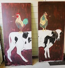 Rustic Hand-Painted Barn Door – Cow & Rooster "In & Out" Farmhouse Art