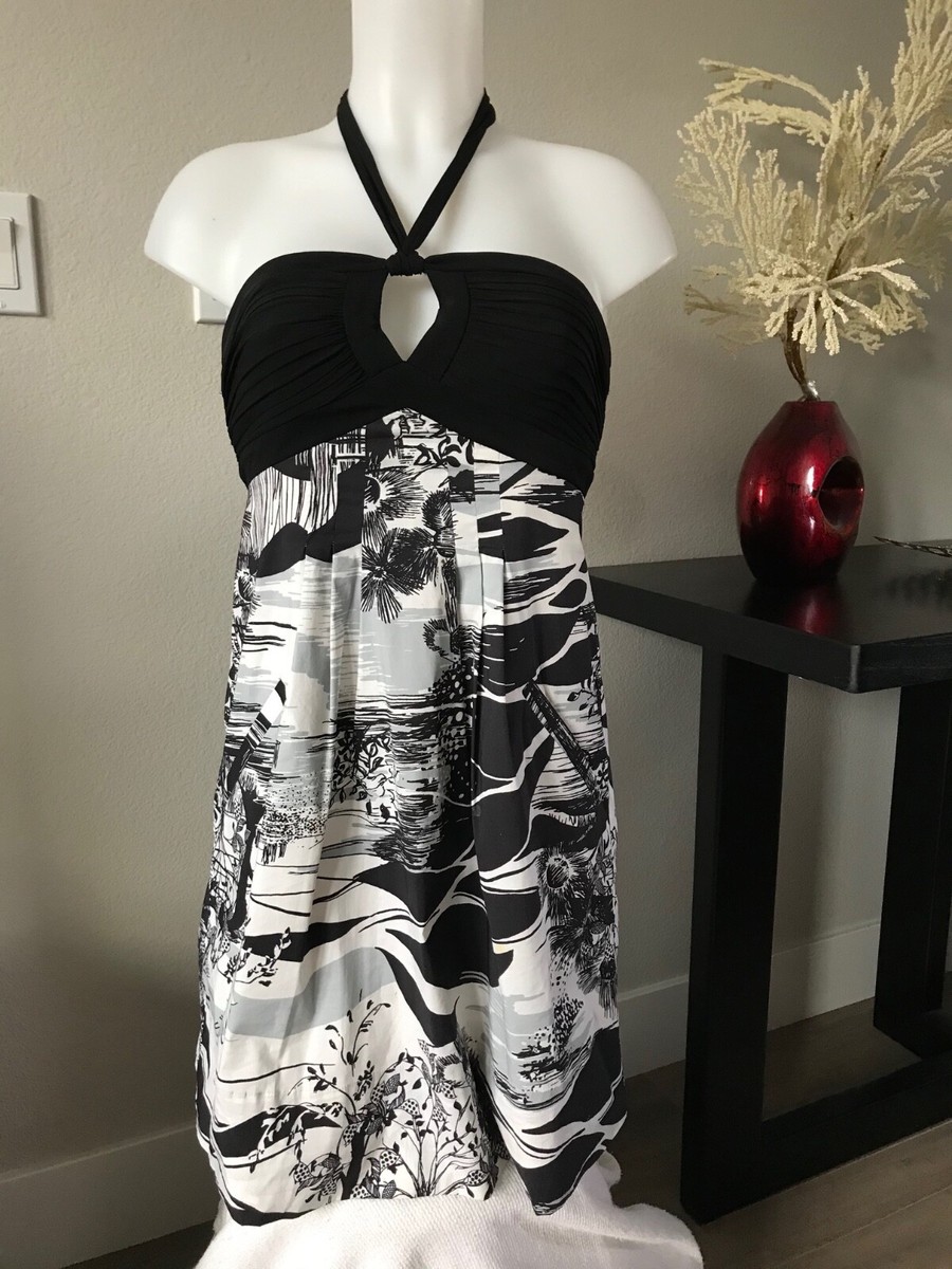 bcbg black and white halter dress BCBG Max Azria Black Gray White Floral Halter Dress Size 2