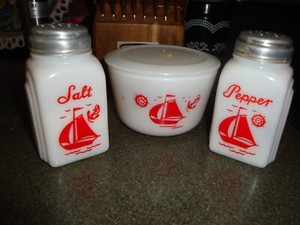 SHIPS SALT & PEPPER SHAKERS WITH A DRIPPING CUP WITH LID