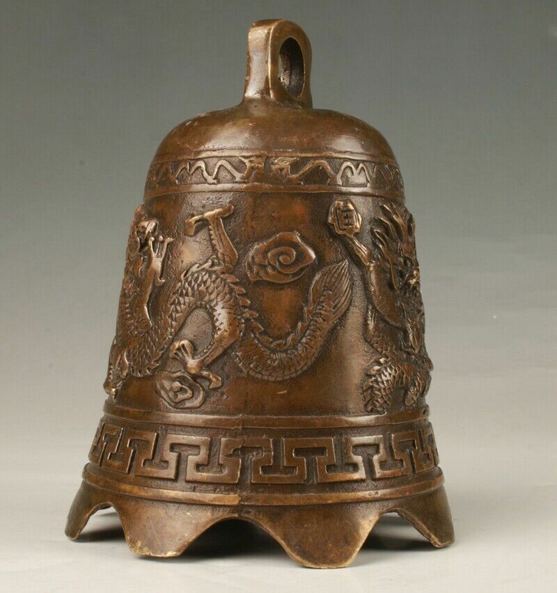 RARE CHINESE BRONZE HAND CARVING DRAGON STATUE BELL PENDANT OLD