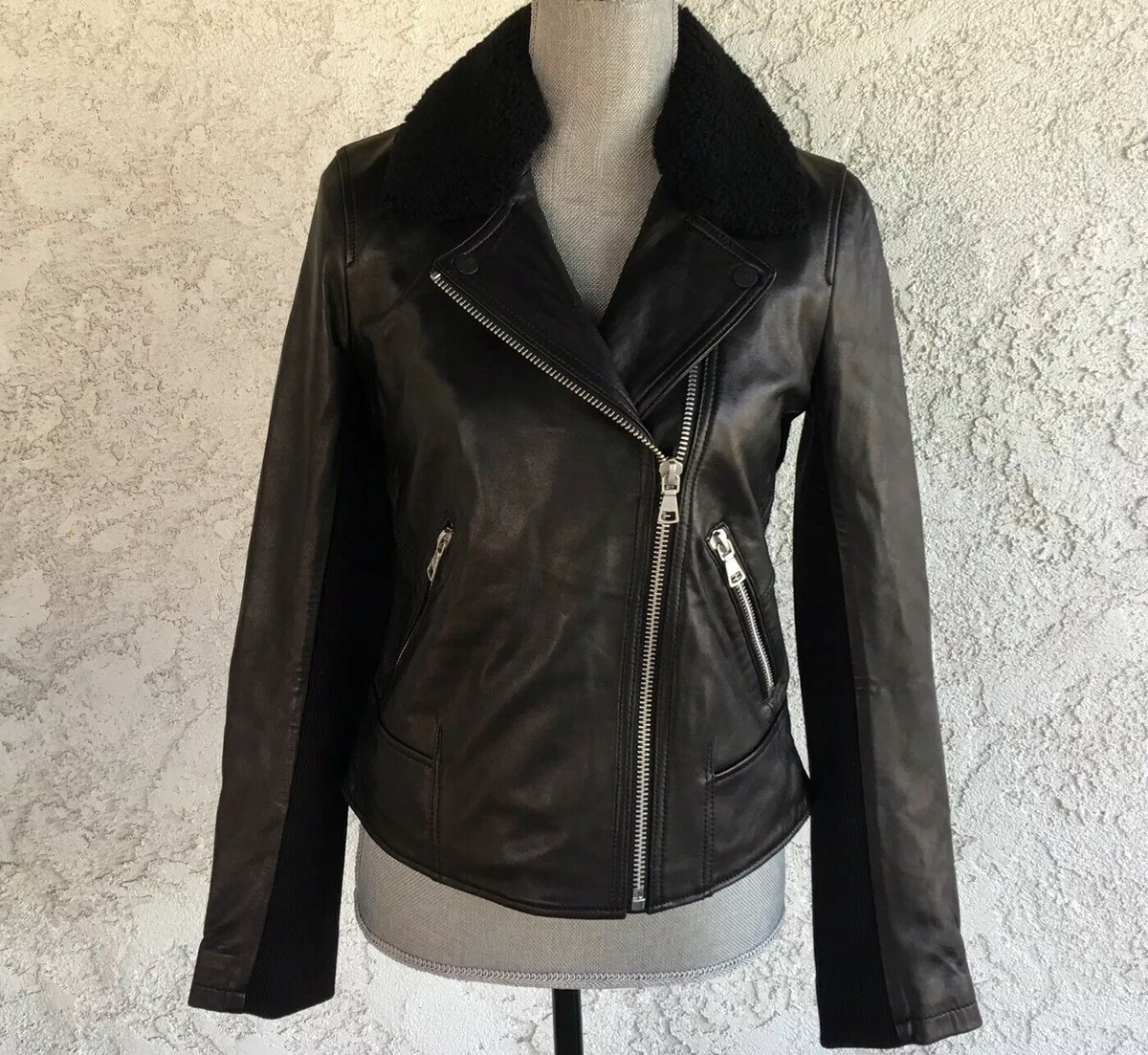 UGG ANDEE BLACK LEATHER MOTO CYCLE JACKET SHEEPSKIN COLLAR WOMENS