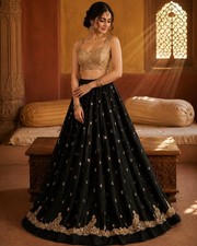 Sanskriti New Black Satin Silk Unstitched Lehenga Hand Embroidered Zardozi
