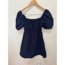 Faithfull The Brand Navy Blue Cotton Smocked Milkmaid Mini Dress Puff Sleeve S 4