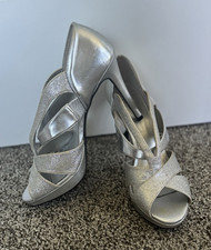 Fioni Women  s Silver Glitter Strappy Open Toe Stiletto Slip-On Heels 7