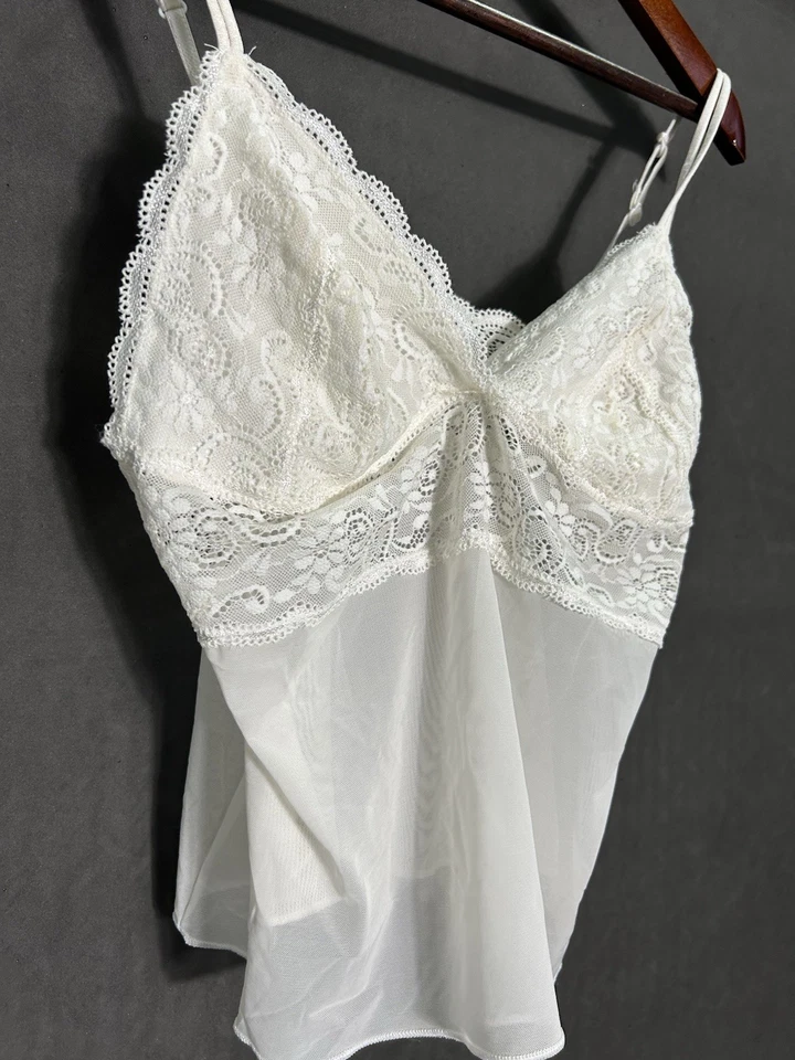 Camiseta sin mangas vintage de encaje marfil cami transparente años 90 coqueta romántica delicada talla XL Foto 2 de 4