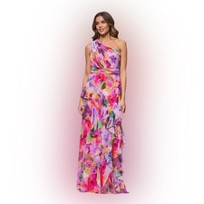 Xscape Pleated Chiffon Split V-Neck Sleeveless A-Line Gown Maxi Size 8