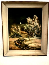 Orig Rare Hal Empie Oil on Board Painting Desert Night Moon 1960's 15 x 19