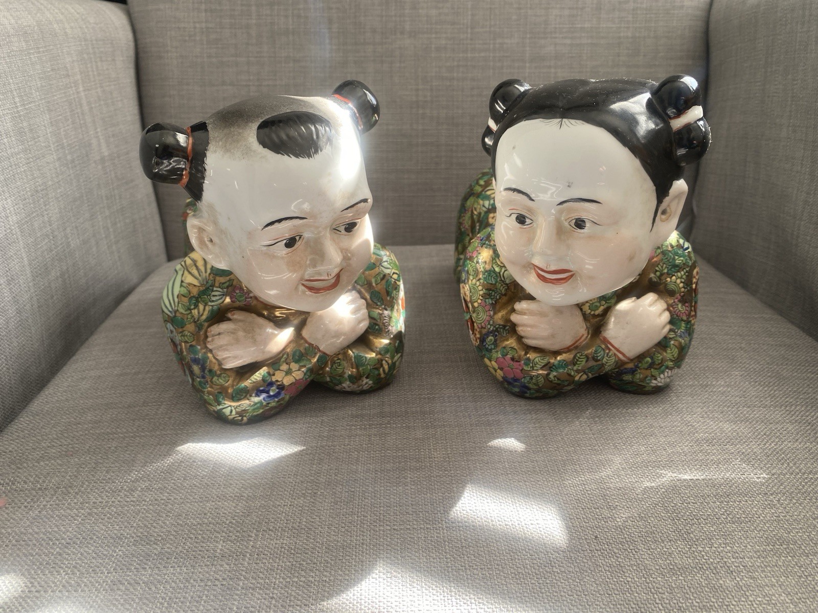 2 Famille Rose Porcelain Handpainted Kneeling Girl & Boy Sculptures, Chinese  