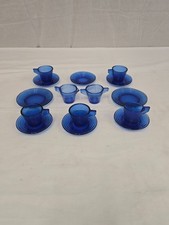 15 PCS Vintage Akro Agate Cobalt Blue Glass Childrens Tea Sets - Fluted Glass