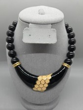 Vintage 1980s Statement Black Gold Lucite Bold Beaded Collar Necklace 18"