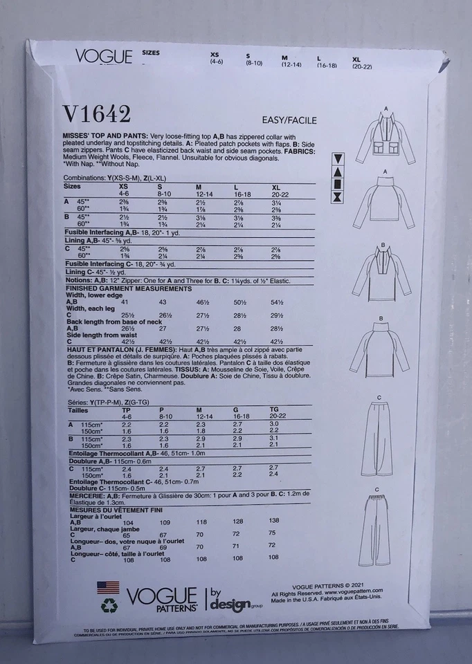 Vogue V1642 Misses Top And Pants Sewing Patterns Sizes XSM-SML-MED New Uncut - Image 2 of 2